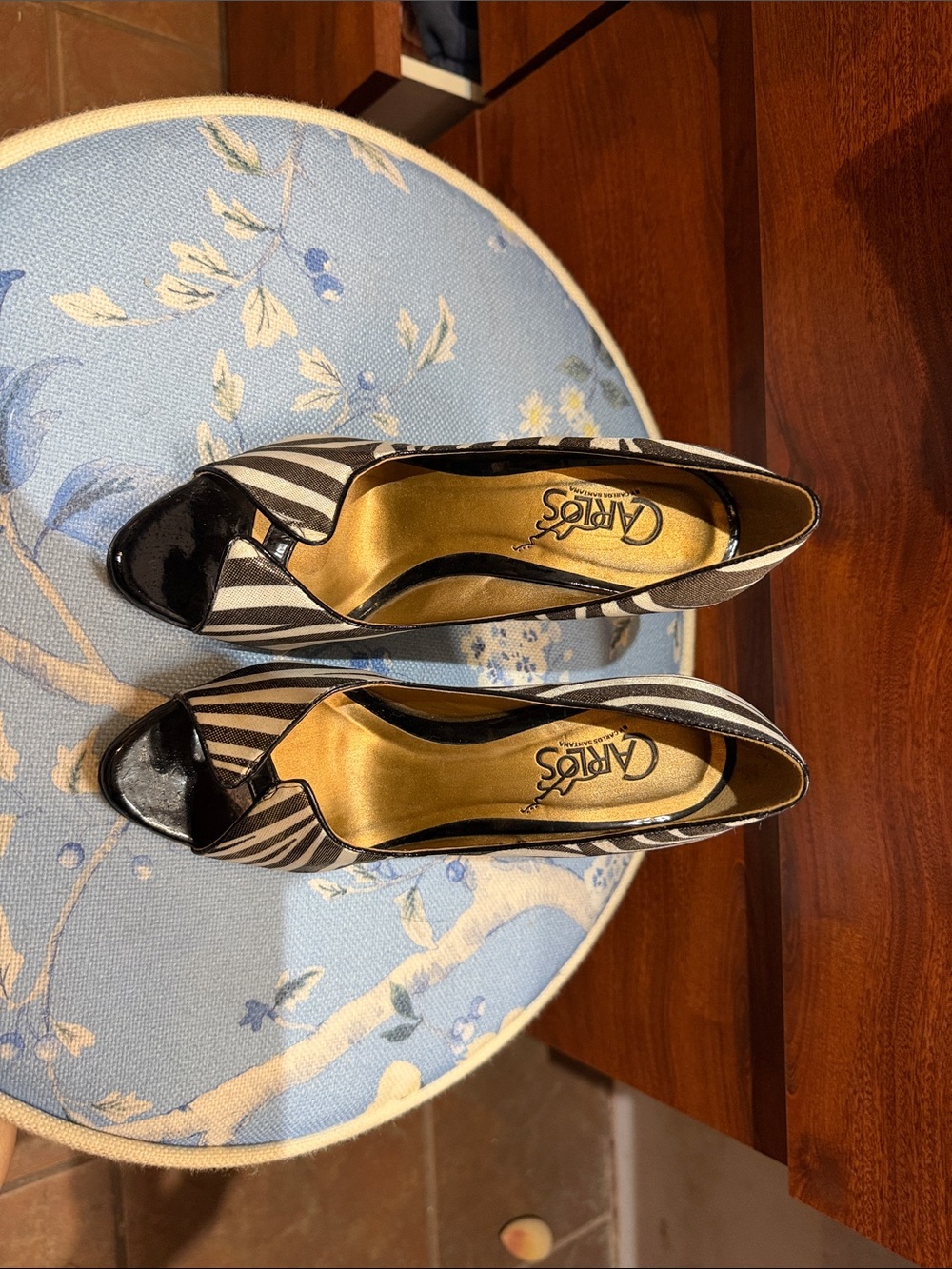Carlos by Carlos Santana Black and White Striped Peep-Toe Heels